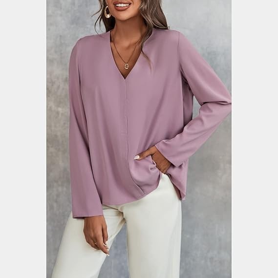 Women's Long Sleeve Shirts V Neck Business Casual Plain Work Blouses Tops