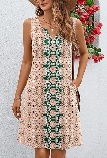 Summer Dresses for Women 2024 Beach Loose Casual A Line Dress Sleeveless V-Neck Sundress with Pockets