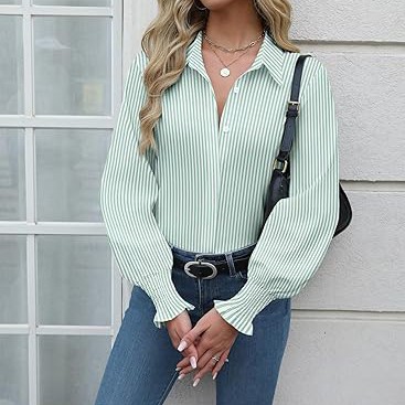 Womens Button Down Shirts Smocked Cuffed Blouse Printed Lantern Shirt Long Sleeve Top Collar Business Fashion