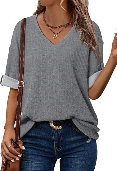 Women's Tops Dressy Casual V Neck Short Sleeve Rolled Hem Loose Blouses T Shirts